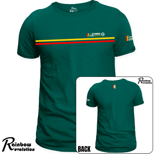CYMRU TÎM PÊL-DROED MENYWOD RETRO STRIPES- Adult T-Shirt GREEN