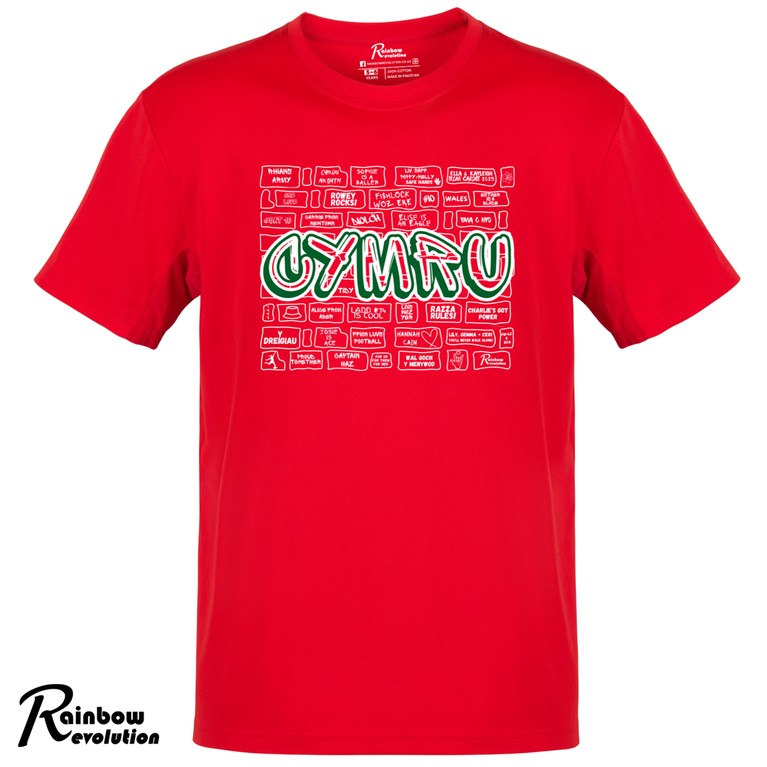 KIDS (3-15 YEARS) CYMRU 80's GRAFFITI PLAYERS RED WALL Football T-Shirt