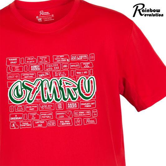 KIDS (3-15 YEARS) CYMRU 80's GRAFFITI PLAYERS RED WALL Football T-Shirt