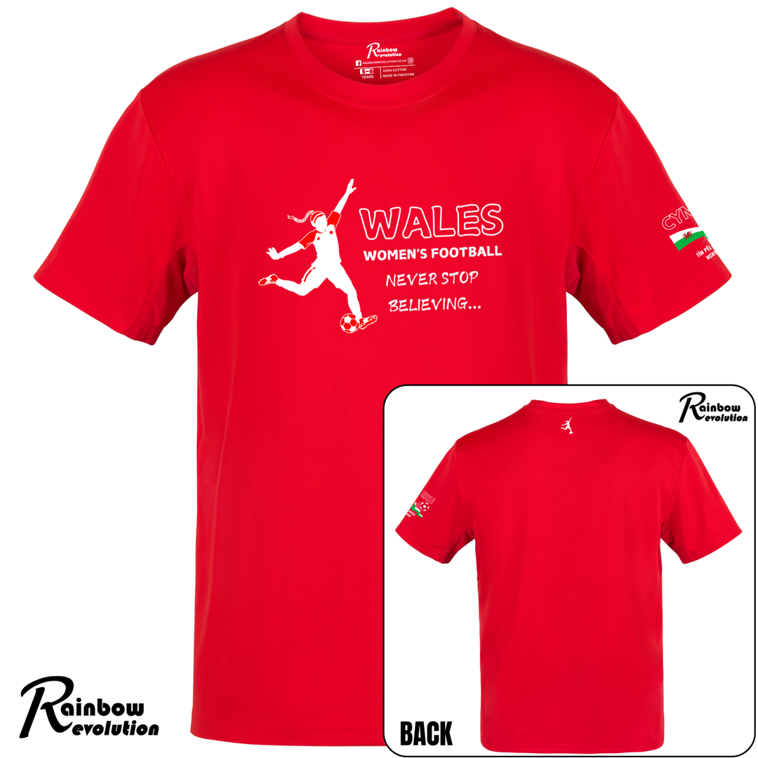 KIDS (3-15 YEARS) NEVER STOP BELIEVING WALES WOMEN'S Football T-Shirt